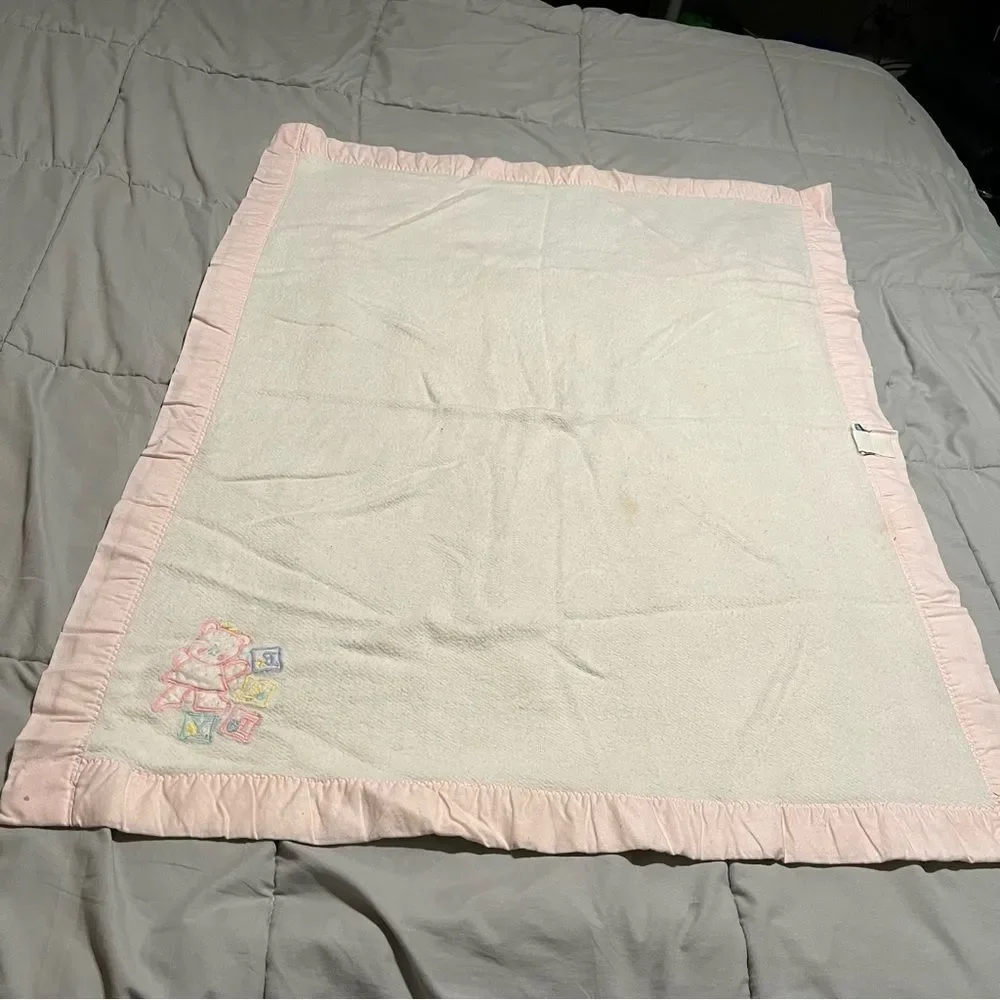 VTG Bundles by Sterncraft Baby Blanket Bear Blue Blocks Acrylic USA Satin Pink